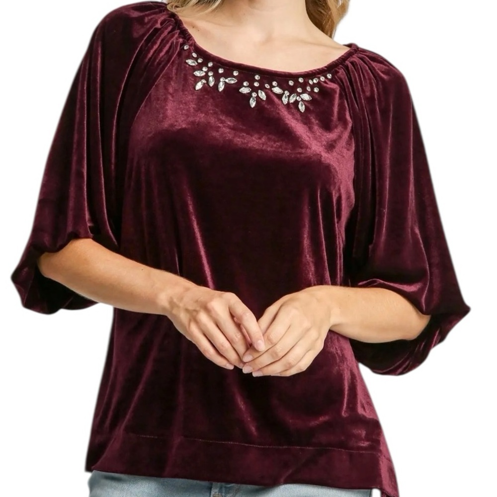 Umgee Velvet Rhinestone Embellished Balloon Sleeve Top in Wine Burgundy